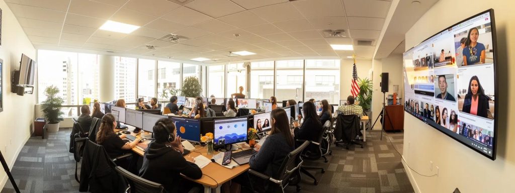 a bustling office environment showcases a diverse team of professionals engaged in animated discussions over a digital display of seo performance metrics, highlighting the strategic implementation of affordable seo solutions for small businesses.