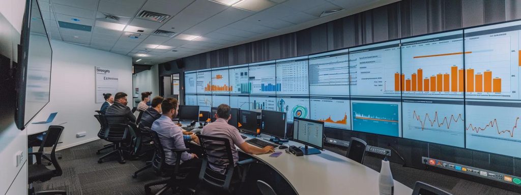 a dynamic brisbane office space filled with professionals collaborating around large screens displaying vibrant graphs of local seo strategies, alongside a prominent google my business optimisation poster that captures the essence of budget-friendly marketing techniques.