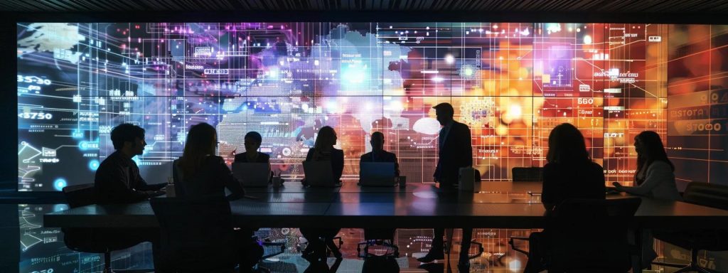 a dynamic office environment showcases a team of focused professionals engaged in a strategic meeting around a sleek conference table, analysing data on digital screens to optimise local seo tactics in response to google updates.