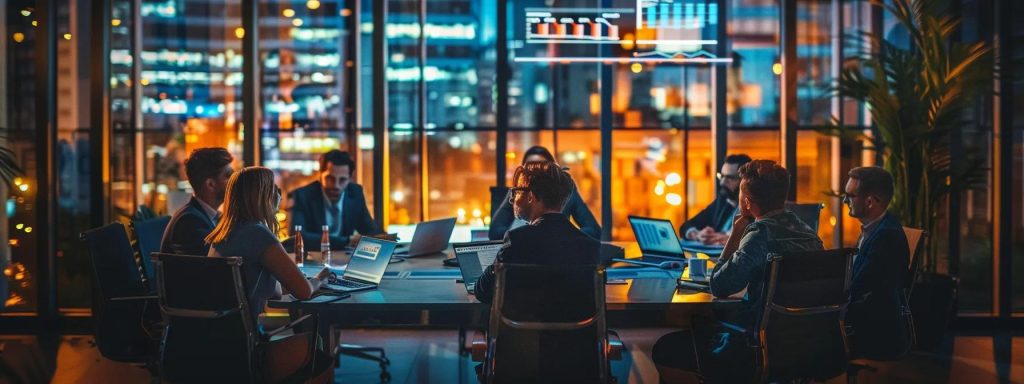 a dynamic office environment featuring a focused team brainstorming around a sleek conference table, illuminated by warm, ambient lighting, showcasing digital devices displaying seo analytics, emphasising strategic discussions on budget-conscious marketing for small businesses on the gold coast.
