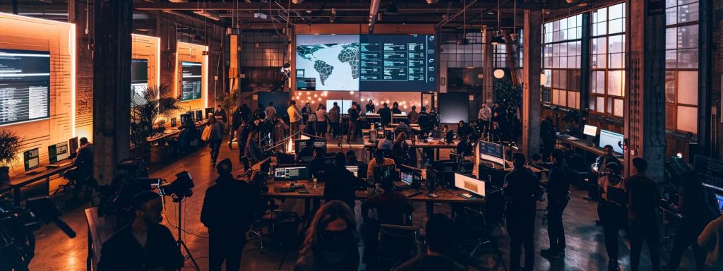 a dynamic office space bustling with professionals engaged in strategic discussions around a large digital screen displaying analytics and website performance metrics, embodying the proactive adaptation to google algorithm revisions.