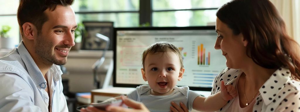 a focused business meeting scene in a sleek, modern office, showcasing small business owners attentively discussing flexible seo budget strategies with a digital presentation displayed, highlighting key data points and growth metrics.