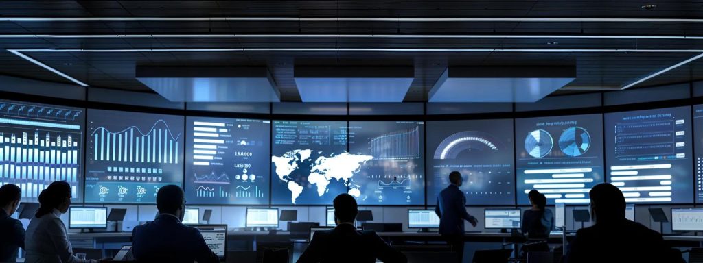 a focused business meeting unfolds in a modern office space, with professionals attentively analysing a digital dashboard displaying seo metrics and budget allocation charts, illuminated by sleek overhead lighting.