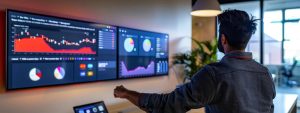 a focused digital marketing strategist examines a brightly lit office display featuring dynamic graphs and charts, highlighting the fluctuating impacts of google updates on seo performance metrics.
