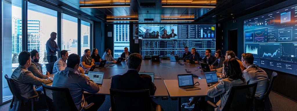 a focused team of digital marketing professionals huddles around a sleek conference table, intently analysing data on multiple laptops within a modern sydney office, illuminated by dynamic digital displays showcasing algorithm trends.