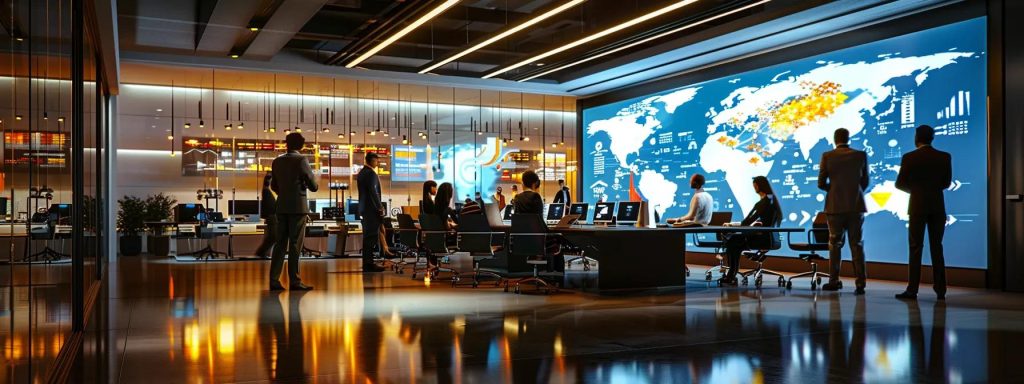a modern office bustling with activity, featuring a sleek conference table surrounded by professionals engaging in animated discussions, with a large screen displaying vibrant graphs and local news articles, emphasising the importance of building high-quality backlinks from local sources.