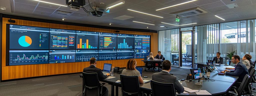a modern office conference room featuring a large screen displaying analytical graphs and charts, surrounded by engaged professionals discussing the strategic impact of seo investments on business growth in australia.