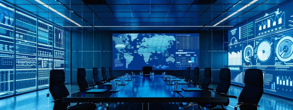 a modern office conference room features a sleek, minimalistic table surrounded by professionals engaging in a dynamic discussion about seo budgeting, with digital analytics displayed on a large screen illuminating the room.