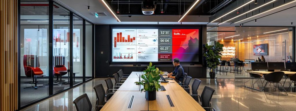 a modern office conference room, featuring a large screen displaying vibrant graphs and charts reflecting seo performance metrics, with professionals engaged in a discussion around a sleek table, emphasising the strategic analysis of seo pricing and its impact on business growth in australia.