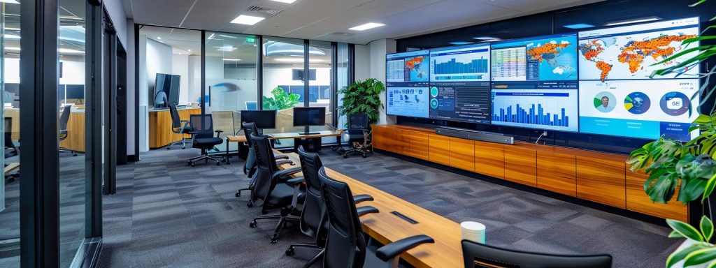 a modern office environment features a focused team engaging in a strategic meeting, surrounded by digital budgets and analytics on screens, symbolising the meticulous planning needed to navigate common pitfalls in seo budgeting for australian businesses.