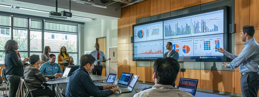 a modern office setting featuring a diverse group of small business owners engaged in a collaborative discussion over seo strategies, surrounded by data charts and digital devices, reflecting a vibrant atmosphere of innovation and local entrepreneurship.