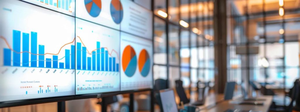 a modern office setting showcases a sleek conference room with a large screen displaying dynamic graphs and charts, illustrating the diverse seo pricing models and strategies available to australian businesses, emphasising professionalism and strategic insight.