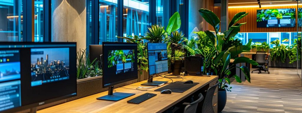 a modern office space in brisbane featuring a sleek computer desk with a vibrant digital display showcasing a search engine results page for budget seo companies, illuminated by dynamic, artificial lighting to emphasise a professional yet inviting atmosphere.