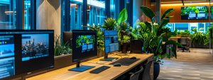a modern office space in brisbane featuring a sleek computer desk with a vibrant digital display showcasing a search engine results page for budget seo companies, illuminated by dynamic, artificial lighting to emphasise a professional yet inviting atmosphere.