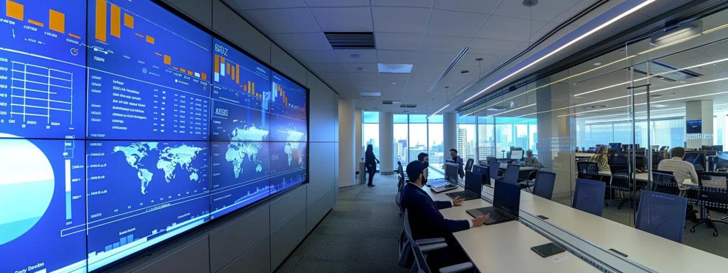 a modern office space is bustling with energy as a diverse team collaborates around a sleek conference table, illuminated by bright overhead lights, while displaying charts and analytics on a large screen showcasing impressive seo performance metrics and client success stories.