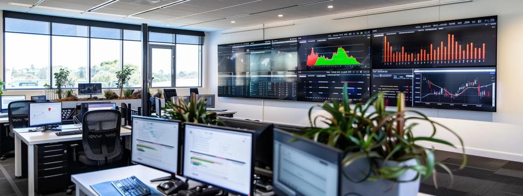 a modern office space with sleek desks and large screens, showcasing graphs and analytics that illustrate the impact of strategic seo services on digital business growth in the competitive gold coast market.