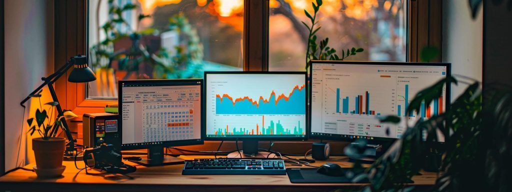 a modern office space with a sleek desk featuring multiple computer monitors displaying colourful graphs and analytics, symbolising the dynamic nature of google algorithm updates and their impact on seo strategies.