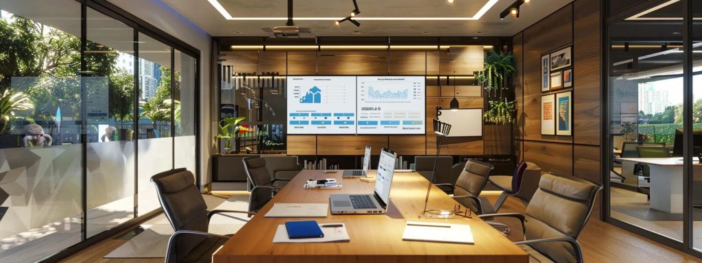 a modern office space with a sleek desk featuring a laptop displaying seo analytics, surrounded by strategic planning notes, a digital marketing book, and a visually engaging infographic on seo pricing strategies displayed on a nearby wall.