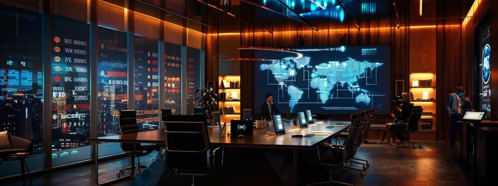 a modern office workspace, bustling with professionals engaged in strategy sessions around a sleek table, illuminated by warm light, showcasing analytics on digital screens that emphasise financial growth and seo optimisation.