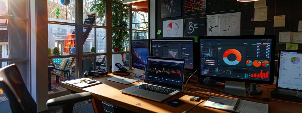 a modern office workspace in brisbane, featuring a sleek desk with a laptop open to a vibrant blog analytics dashboard, surrounded by notes and digital devices, illuminated by bright overhead lighting to convey a dynamic atmosphere of strategic content creation.