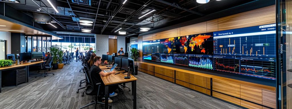 a sleek, modern office environment showcases a diverse team engaged in a vibrant brainstorming session, surrounded by digital analytics displays and project charts that represent their systematic approach to delivering exceptional seo results on the gold coast.