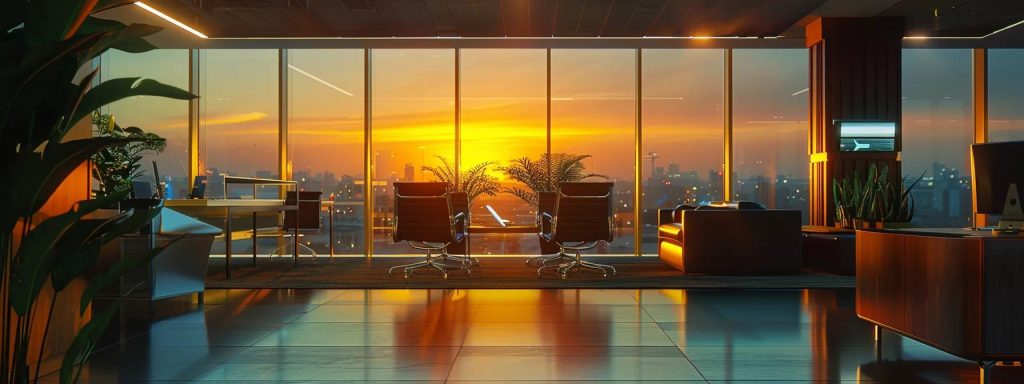a sleek, modern office setting featuring a focused team engaged in a dynamic digital marketing strategy session, illuminated by warm light from contemporary fixtures, emphasising their commitment to achieving remarkable roi through innovative seo solutions.