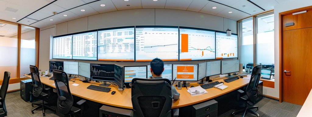 a sleek, modern office setting features a professional consultant reviewing analytics on multiple screens, illuminated by warm overhead lighting, with a whiteboard filled with strategic seo plans prominently displayed in the background.