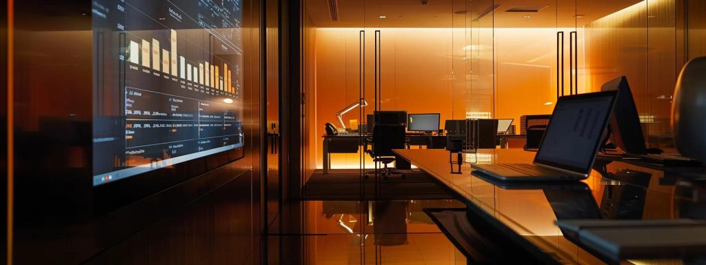 a sleek, modern office setting features a focused professional analysing seo strategies on a digital screen, illuminated by strategic lighting that highlights strategic graphs and financial metrics, symbolising informed decision-making in budget investments.