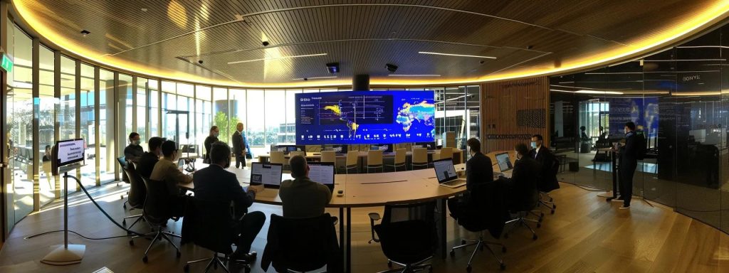 a sleek, modern office with a central conference table surrounded by professionals engaged in a dynamic discussion on a large digital screen displaying analytics and pricing strategies for seo services in australia.