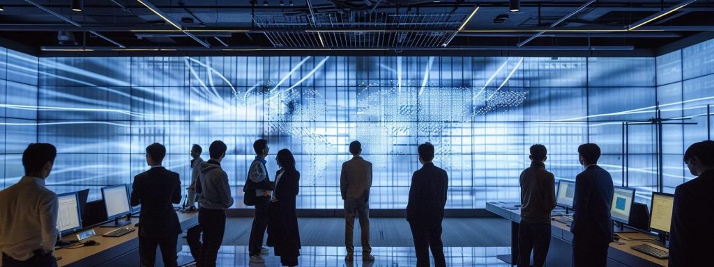 a sleek, modern office with a diverse team of professionals engaged in a dynamic discussion around a large digital display showcasing impressive seo analytics, symbolising the power of data-driven strategies for driving significant business growth.