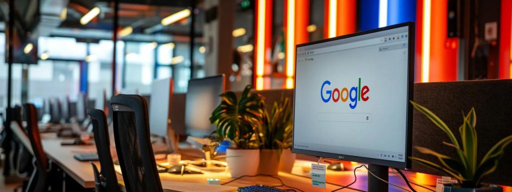 a vibrant, modern office workspace featuring a sleek computer screen displaying a well-structured google my business profile, illuminated by focused task lighting, emphasising professionalism and digital marketing efficiency.