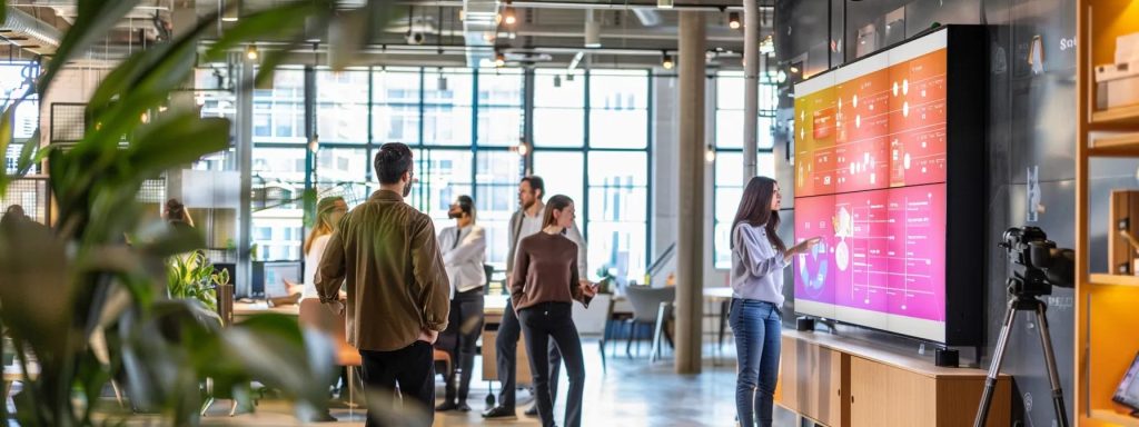 a vibrant urban office environment showcases a marketing team collaborating around a large digital screen displaying localised content strategies, with lively discussion and colourful graphics that reflect community events and trends.