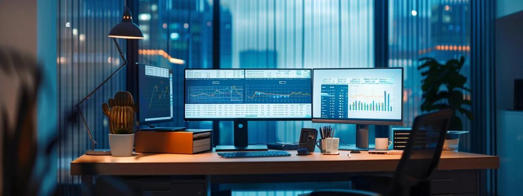 an analytical workspace featuring a sleek, modern desk equipped with dual monitors displaying colourful local seo analytics dashboards, illuminated by the soft glow of ambient office lighting, reflecting a data-driven environment focused on optimising online visibility.