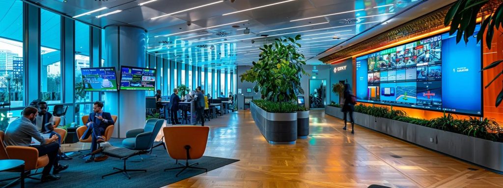 an urban office scene featuring a modern workspace with professionals engaged in strategising around digital displays, highlighting the critical adjustments to seo strategies in response to evolving google algorithms.