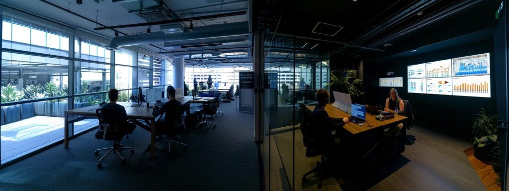 a dynamic urban office setting in brisbane, featuring a diverse team of professionals engaged in a strategic brainstorming session, surrounded by digital screens displaying seo analytics and campaign strategies, reflecting the energy and competitive nature of local businesses navigating the online market.