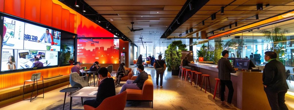 a dynamic urban office setting showcases a group of professionals collaborating around a digital display, highlighting innovative strategies for local search optimisation and community engagement.