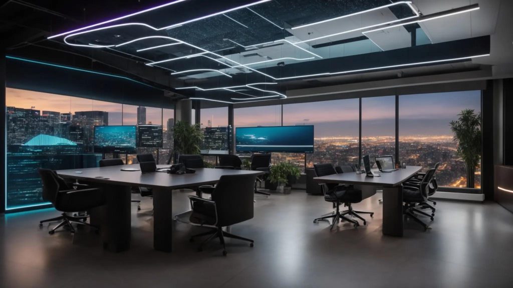a modern office space featuring a sleek conference table surrounded by futuristic digital screens displaying seo analytics and trend forecasts, illuminated by dynamic, focused lighting that conveys a sense of innovation and collaboration.