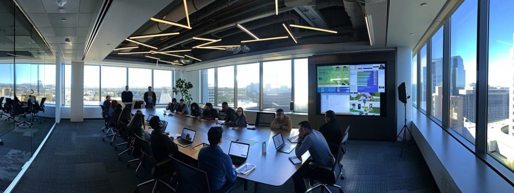 a vibrant office space filled with colleagues collaboratively discussing social media strategies around a sleek conference table, dynamic charts and local engagement metrics displayed on a large screen in the background, illuminated by bright overhead lights.