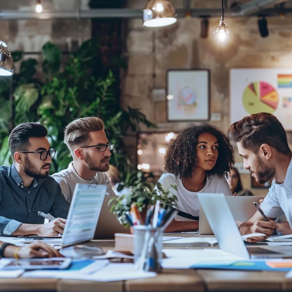 Team of professionals collaborating on digital marketing strategies in a modern office