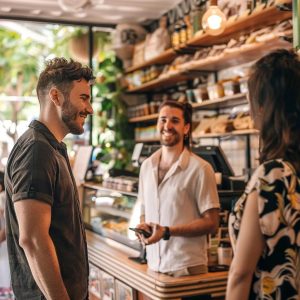 Small business owner engaging with customers in a vibrant local setting, highlighting the importance of local SEO