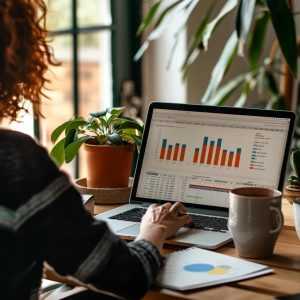 Small business owner analyzing SEO metrics in a cozy office setting