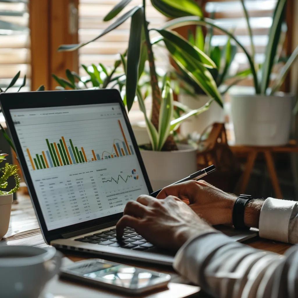Small business owner analyzing SEO and Google Ads strategies in a cozy office