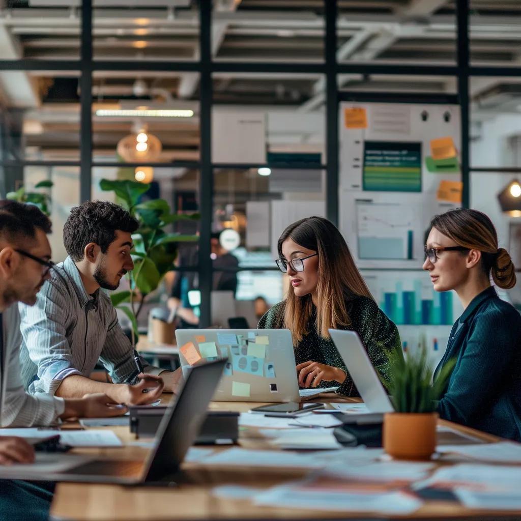 Professionals collaborating on SEO pricing models in a modern office setting