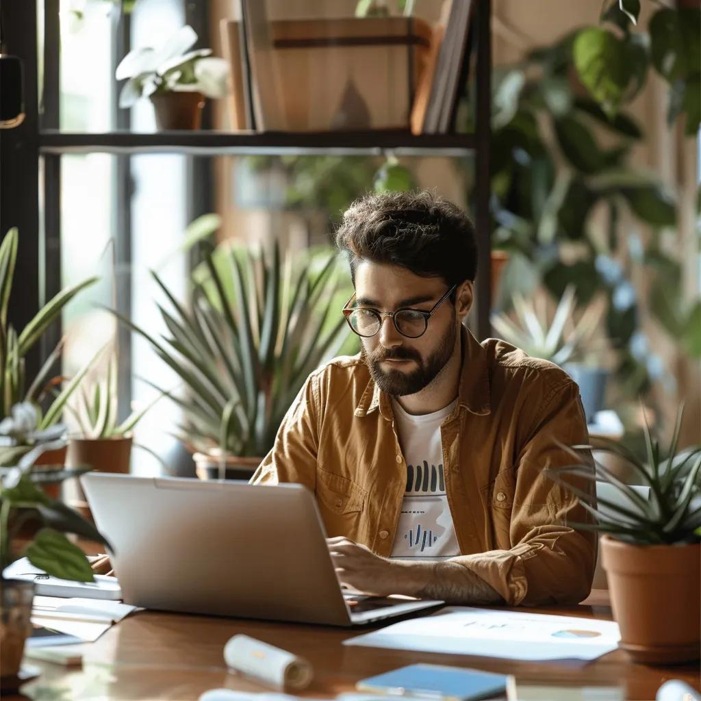 Small business owner reviewing SEO strategies in a cozy office environment