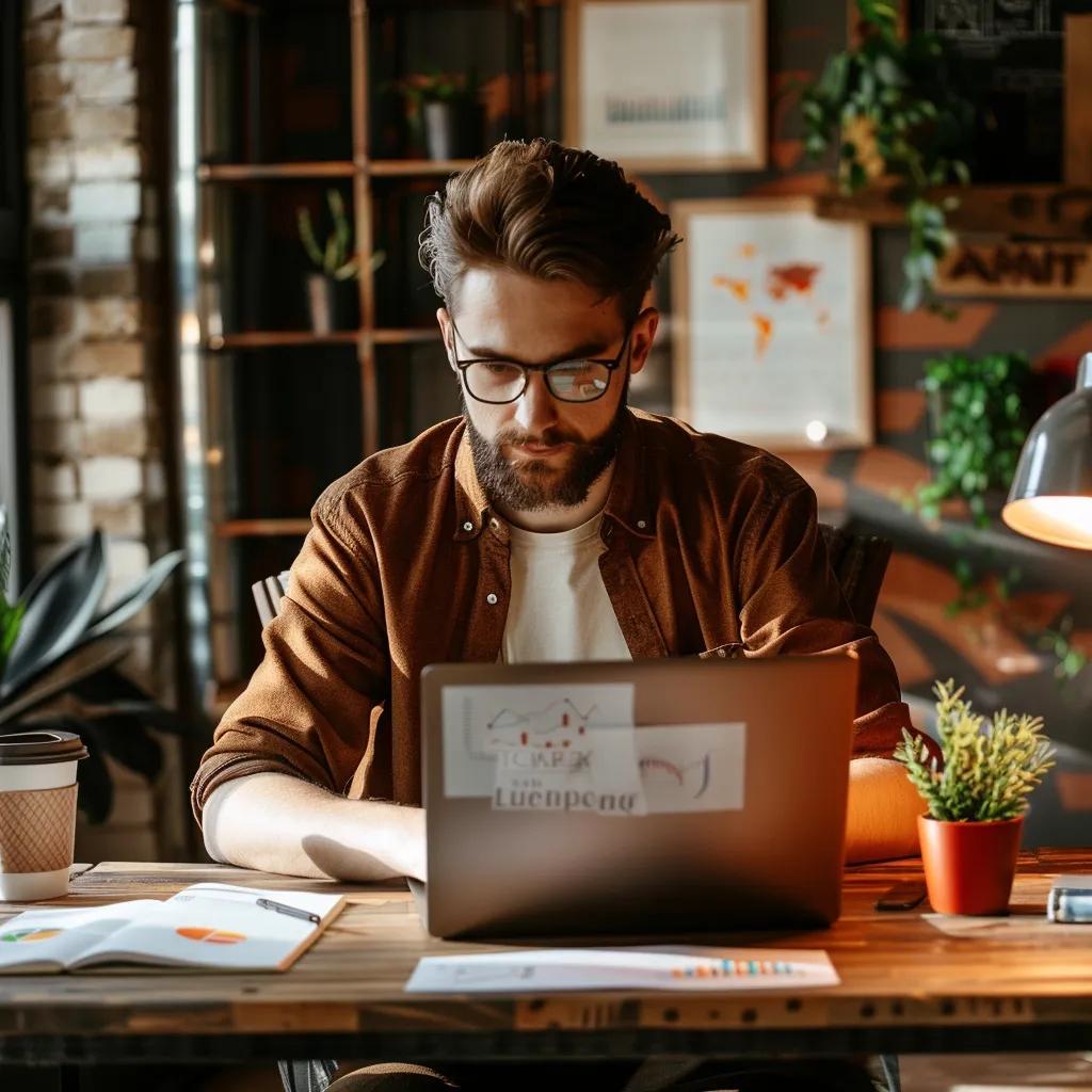 Small business owner using AI tools for SEO analysis in a cozy office