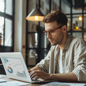 Small business owner analyzing SEO and Facebook Ads performance metrics on a laptop in a modern office