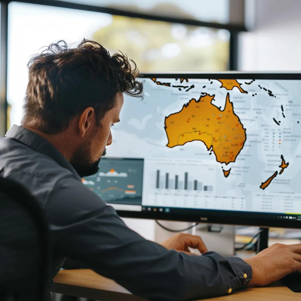 Local Australian SEO expert analyzing data with a map of Australia in the background