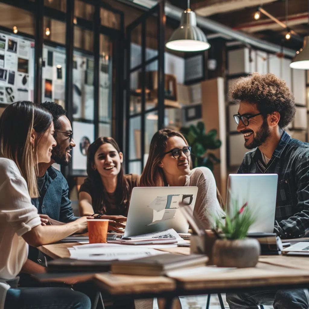 Diverse professionals collaborating on SEO strategies in a modern office setting