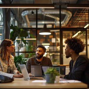 Diverse Australian business owners collaborating on SEO strategies in a modern office