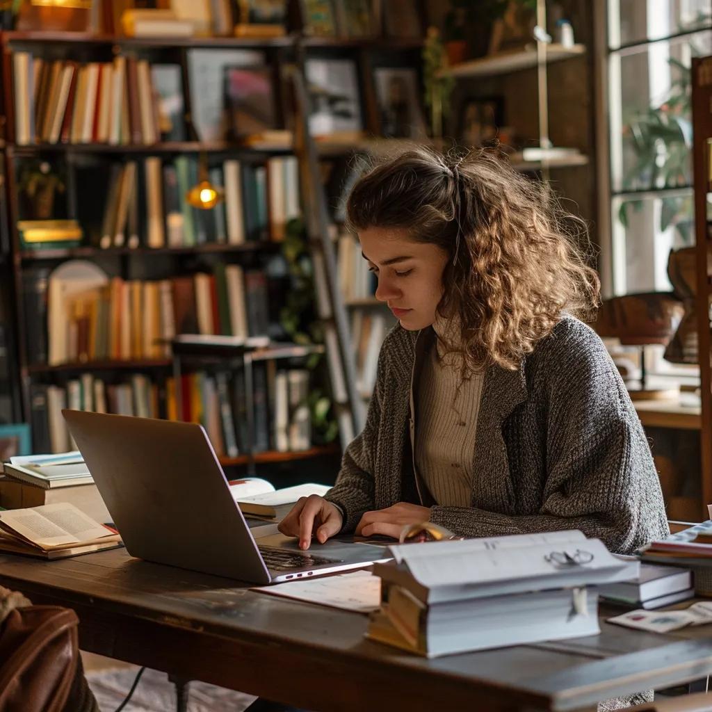Small business owner engaged in DIY SEO strategies in a cozy office environment